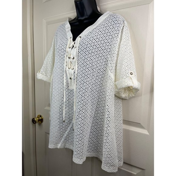 Catherines Top Women Plus Size 1X 18/20W Short Sleeve Ivory Knit Lacey Top Sheer - Picture 5 of 9